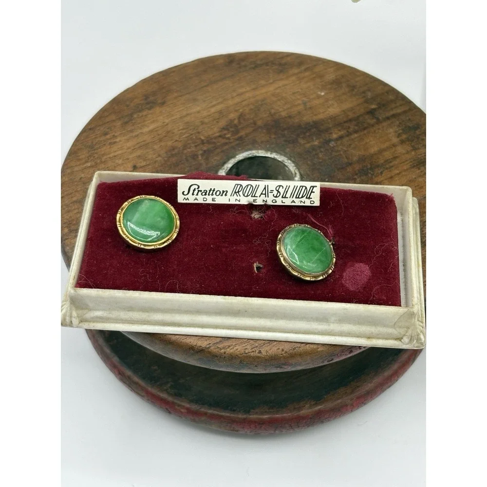 Antique Stratton Rolla Slide Cuff Links Green Faux Jade Cabachon MCM England Box